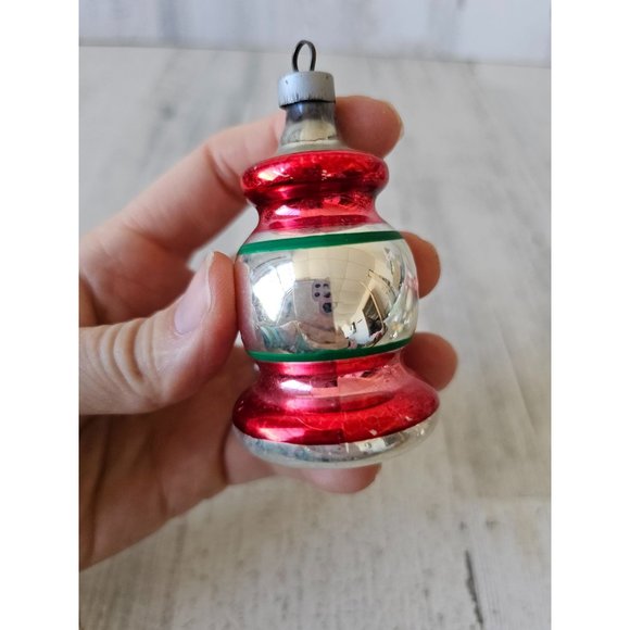 Vintage Mercury glass in dent lantern striped red ornament Xmas tree - Picture 2 of 8
